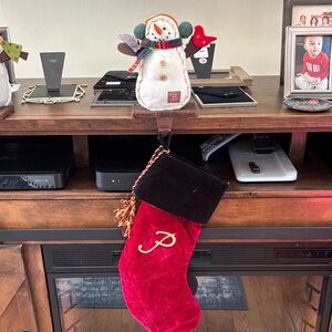 Festive Red and Black Christmas Stocking with Snowman Decor Holder